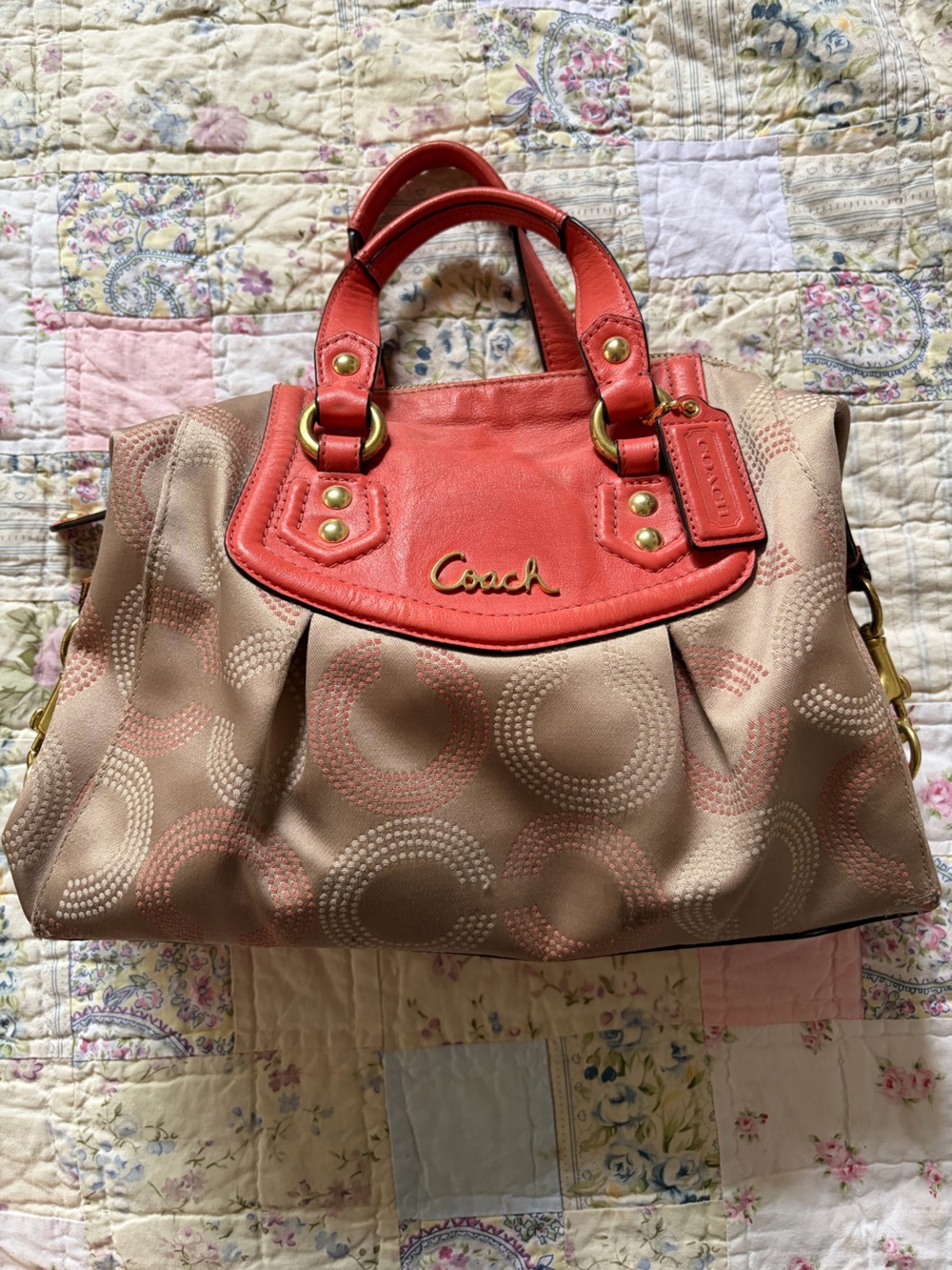 Coach Coral and Tan Logo Satchel with Gold Hardware